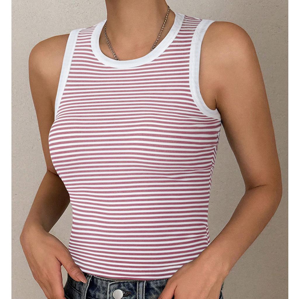 Women's Loose Casual Knitted Striped Contrasting Top, Vest, And Base Shirt