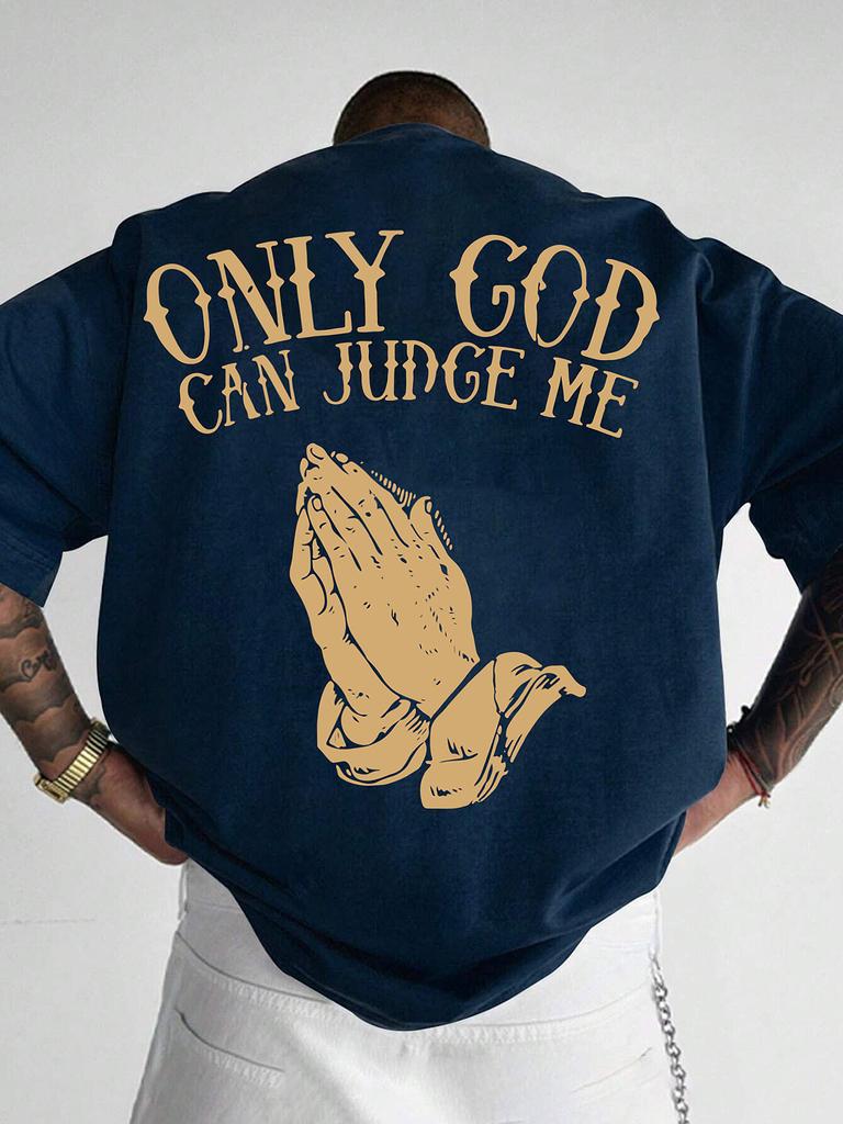 Summer Men's Casual Short Sleeve T-Shirt Loose Only God Can Judge Me Graphic with Raised Fist Palm Tree Design Round Neck Top