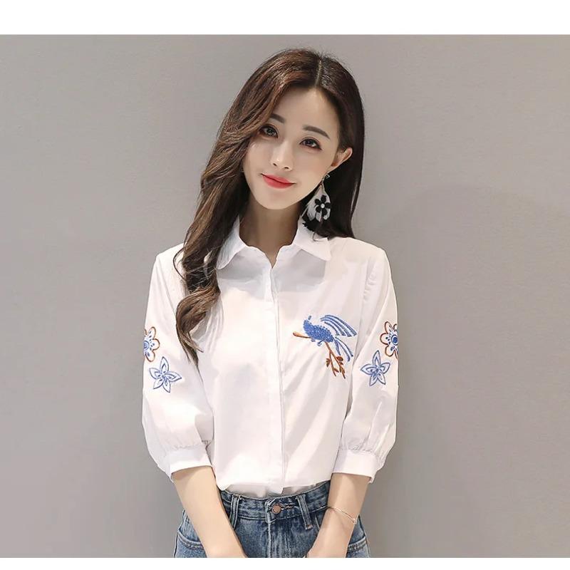 Everything Embroidered Summer Five Point Sleeve Shirt Literary Women Temperament Lapel Casual