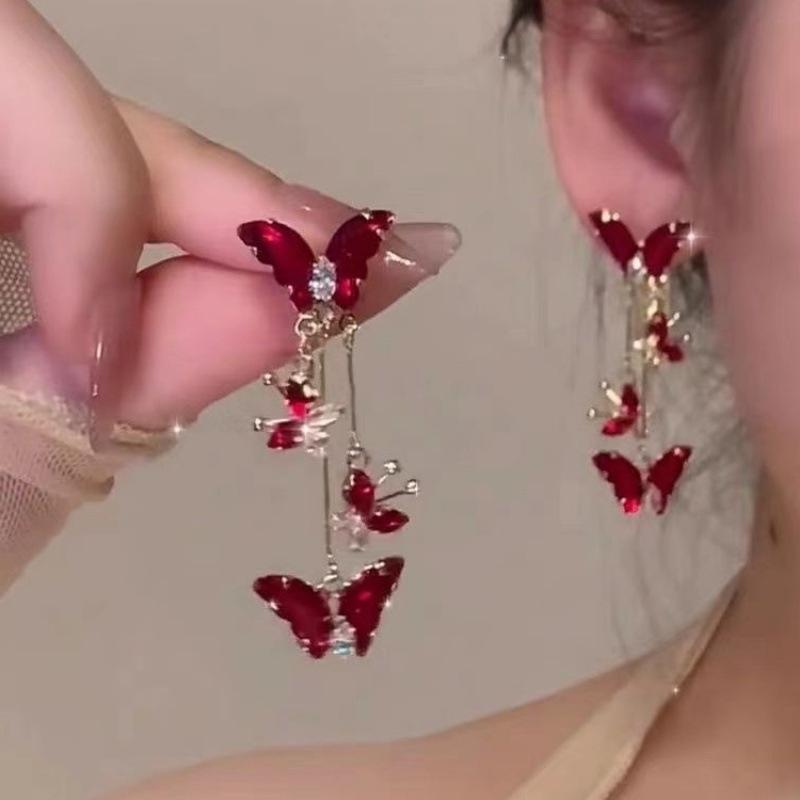 Elegant Red Purple Butterfly Drop Earrings for Women Y2K Bow Butterfly Long Tassel Earring New Year Gift
