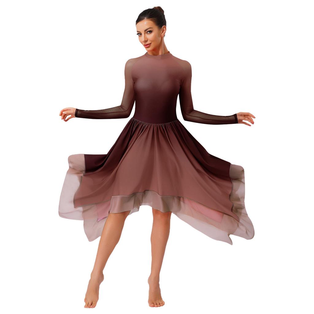 Womens Lyrical Dance Gradient Dress Mesh Long Sleeve Irregular Hem Back Keyhole Leotard Figure Skating Modern Costume