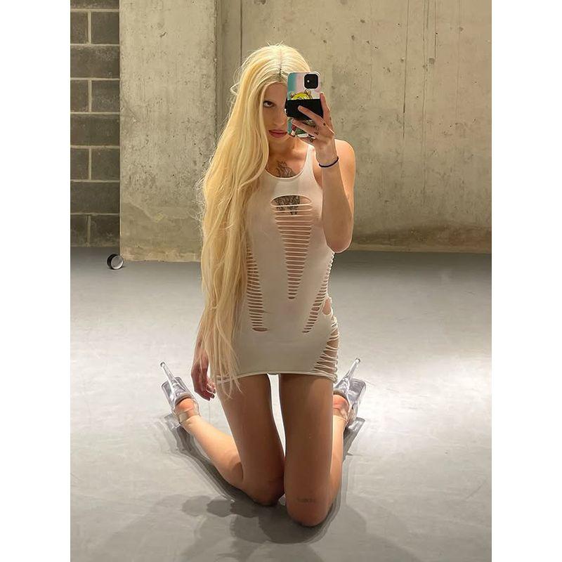 Kkx American Style Gyaru Round Neck Multi-Sided Hollow One-Piece Mesh Dress European and American Sexy Tight Fishing Net Sling Jumpsuit