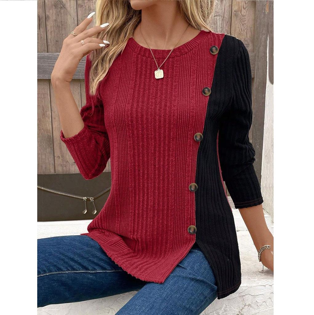 Women's Color Blocking Button Slit Casual Long Top