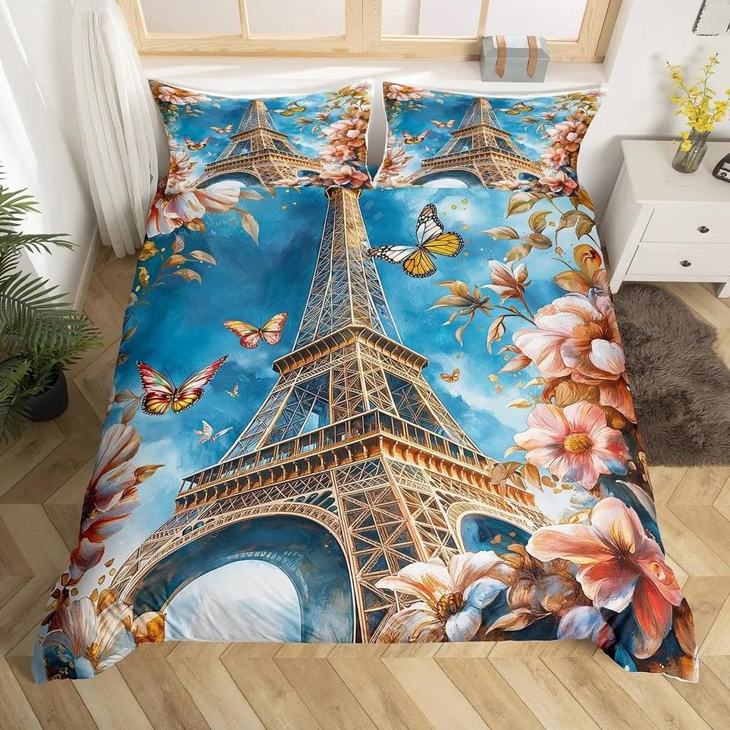 Vintage Eiffel Tower Duvet Cover Set Modern 3D Paris Theme Bedding Sets World Famous City Landscape Comforter Cover Quilt Cover