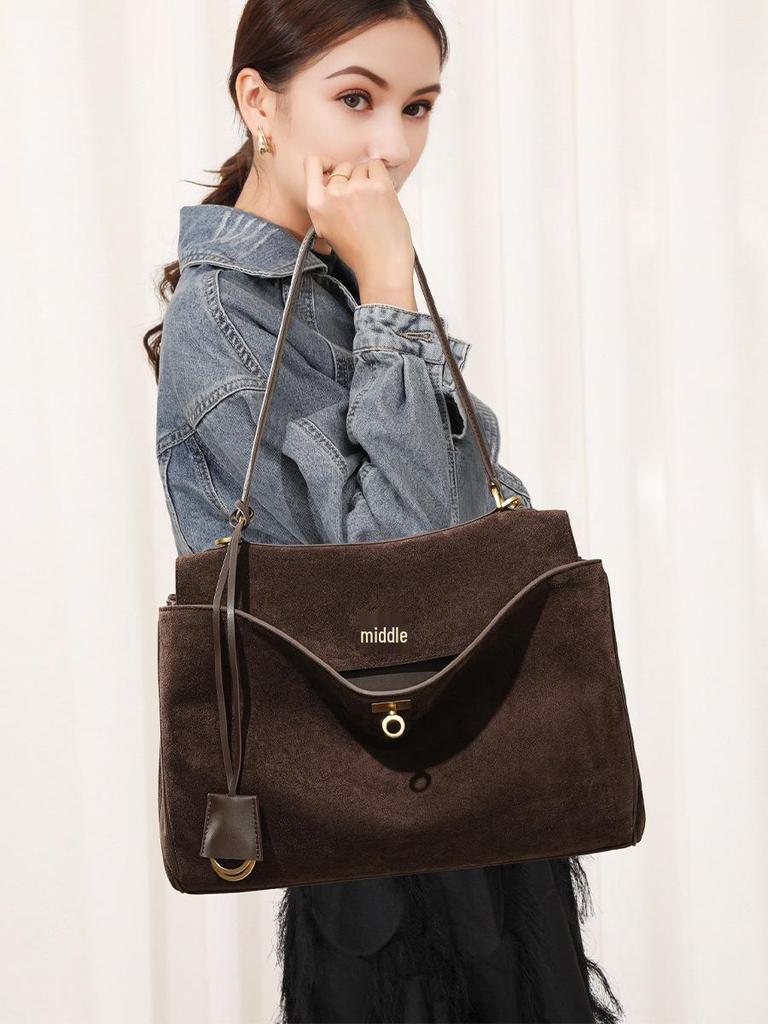 Rodeo Women's Suede Leather Underarm Tote: Premium Commuter Bag with High-End Design and Large Capacity.