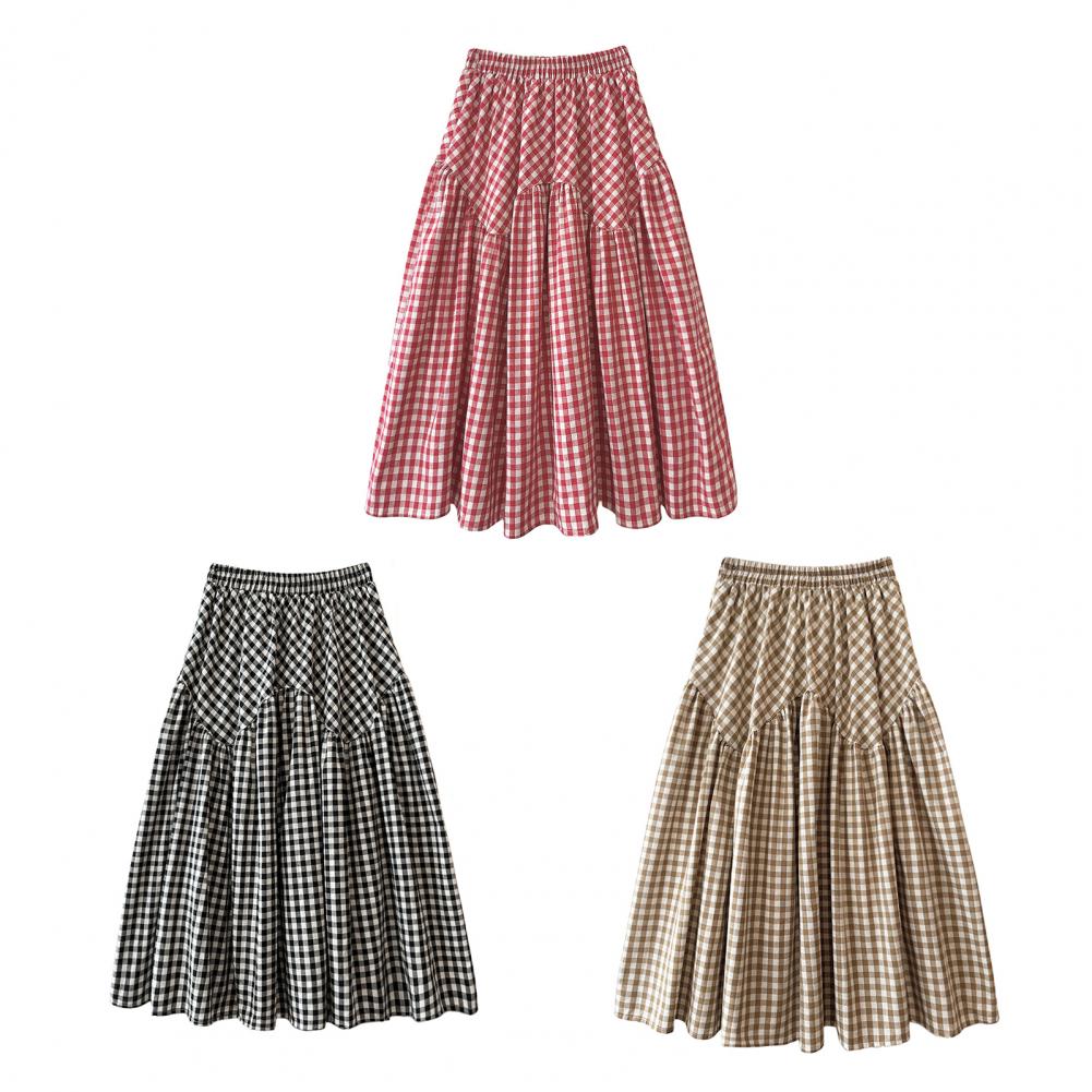 Women Midi Skirt Plaid Print Stitching Design A-Line Skirt Elastic High Waist Retro Style Swing Skirt Daily Wear