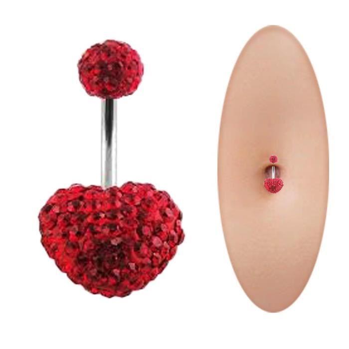 Heart Navel Piercing Jewel - Red Crystal Heart Crystal Ball - Surgical Steel - Length 10mm