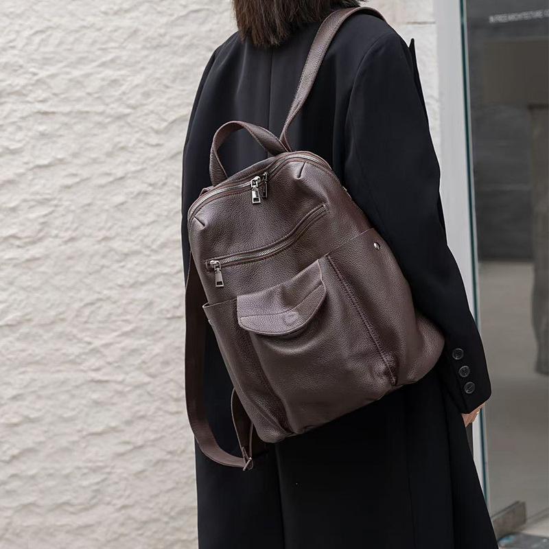 Genuine Leather Ladies' Double-shoulder Bag - Large Capacity Multi-functional Backpack for Leisure and Travel Casually