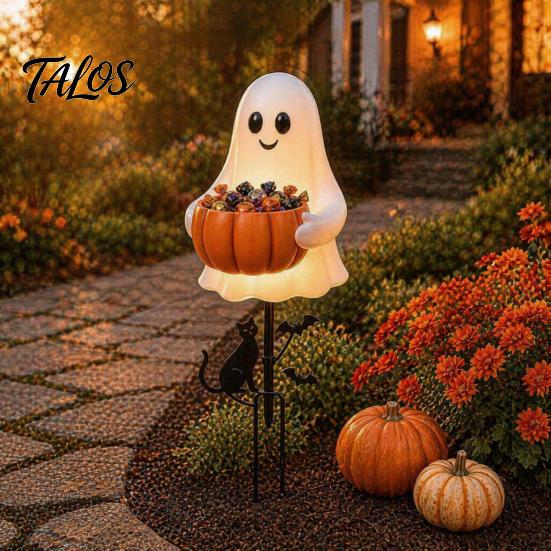 Sturdy Resin Ghost Candy Container Halloween Holder Garden Stake, Cute Glowing with Pumpkin Bowl, Gift for Lovers Outdoor Yard Sign Front Porch, Lawn,