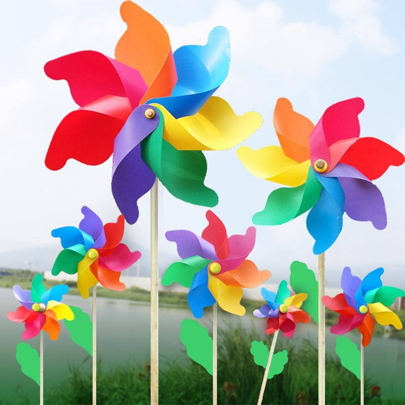 1 Piece 14/18/24/32Cm Wooden Pole Seven Leaf Colorful Diy Windmill Garden Yard Party Outdoor Wind Spinner Ornament Kids Toys