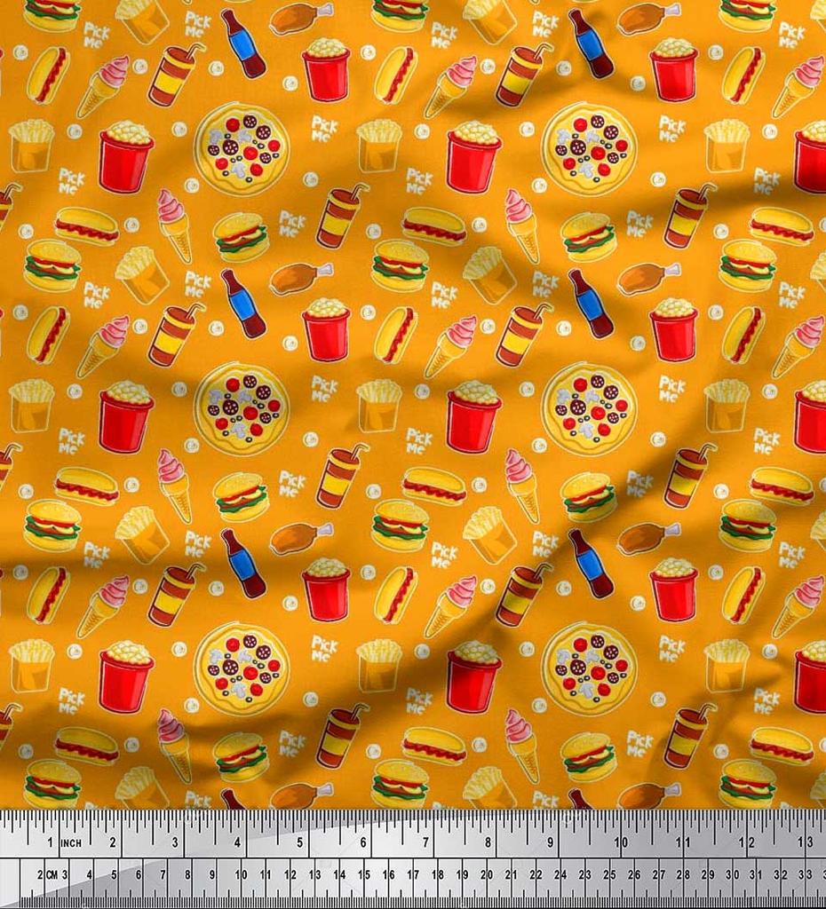 Soimoi Japan Crepe Satin Fabric Cold Drink,Pizza & Burger Food Printed Fabric 1 metre 42 Inch