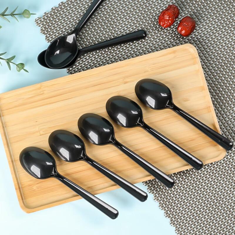 Fangcaodi Disposable Spoons, 80 Pieces, Long-Handled Small Soup Spoons for Fast Food, Desserts And Coffee, Black Color, Individually Wrapped