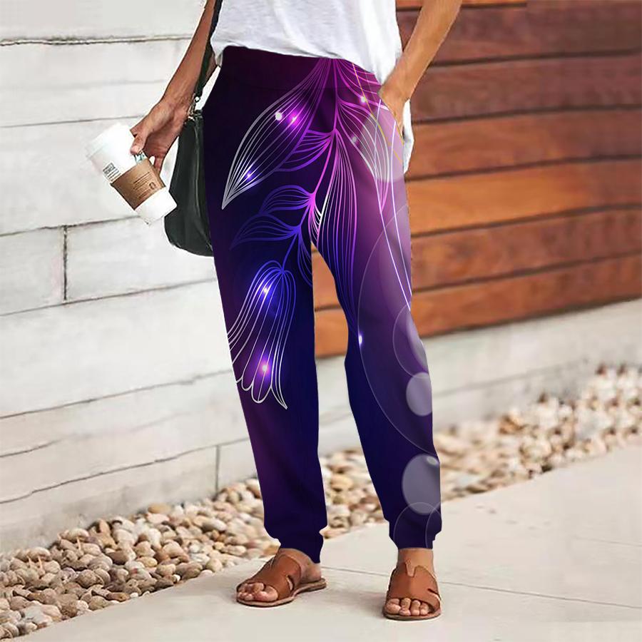 Women Multicolored Printing Pants Lace Up Elastic Waist Loose  Trousers Casual Long Pants Trousers with Pockets