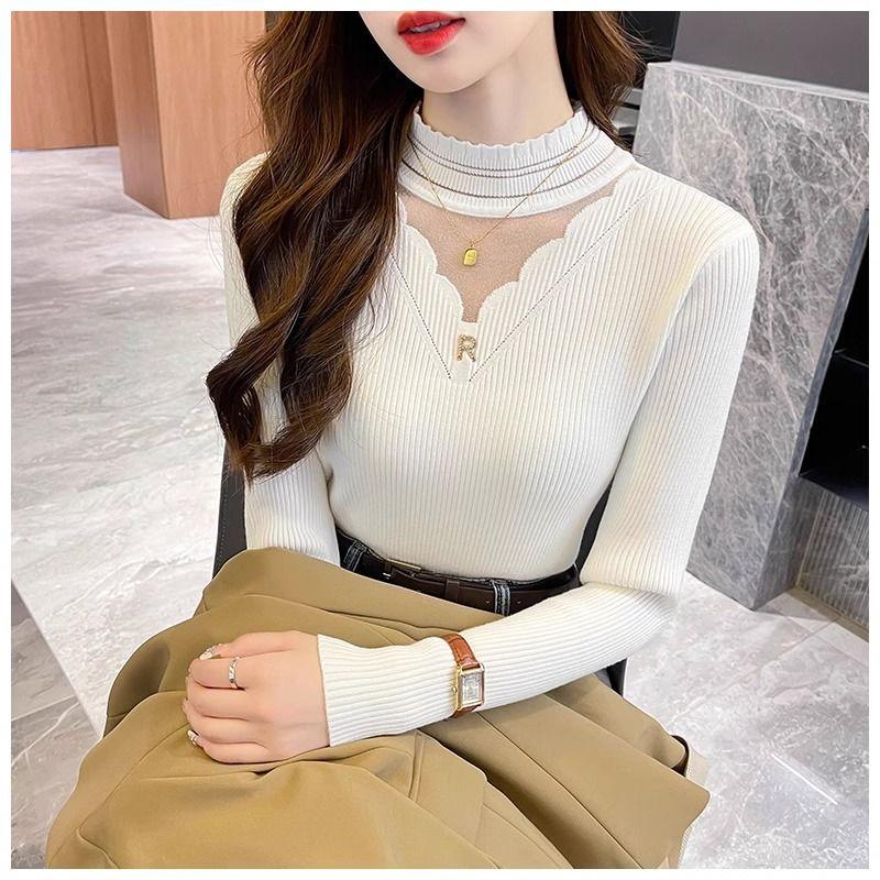 Turtleneck Hollow-out Lace Trim Knitwear Long Sleeve Spring Autumn Versatile Fashion Outer Wear Base Layer Top