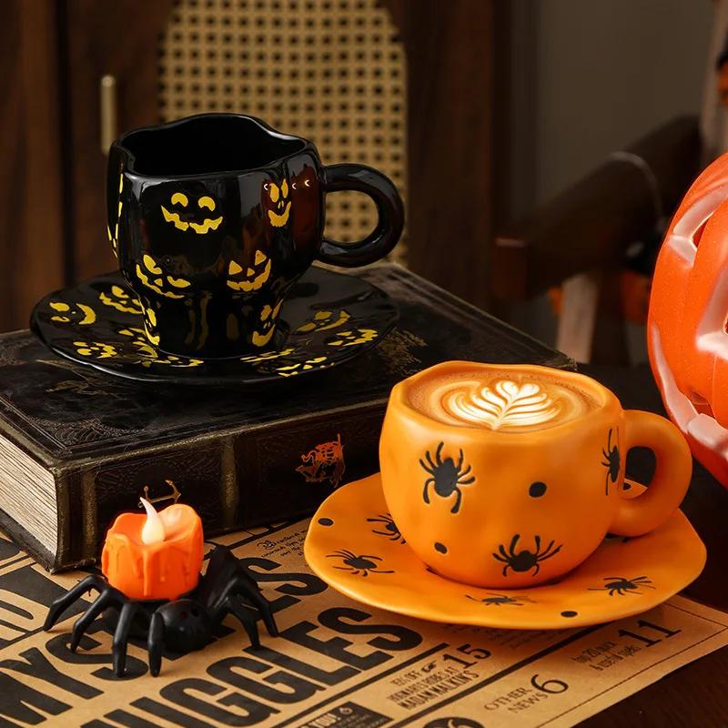 300ml Halloween Ceramic Coffee Cup Irregular Unique Mug with Bat Ghost Pattern Spooky Gift for Home Decor