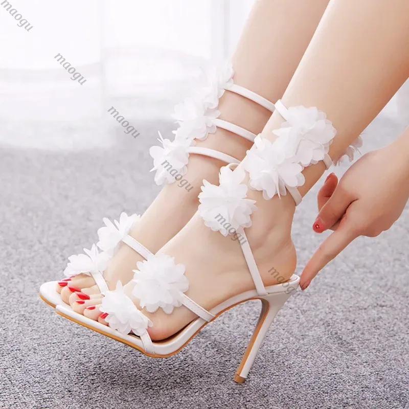 Shoes Woman Strap High-heeled SandalsWomen's White Flower Female Banquet Wedding Dress Bridal Shoes Princess Sandals Ladies