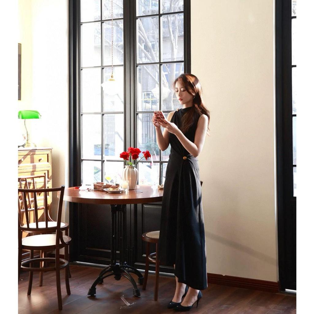 Merino Wool Blend Pleated Slimming Dress with Gold Buttons