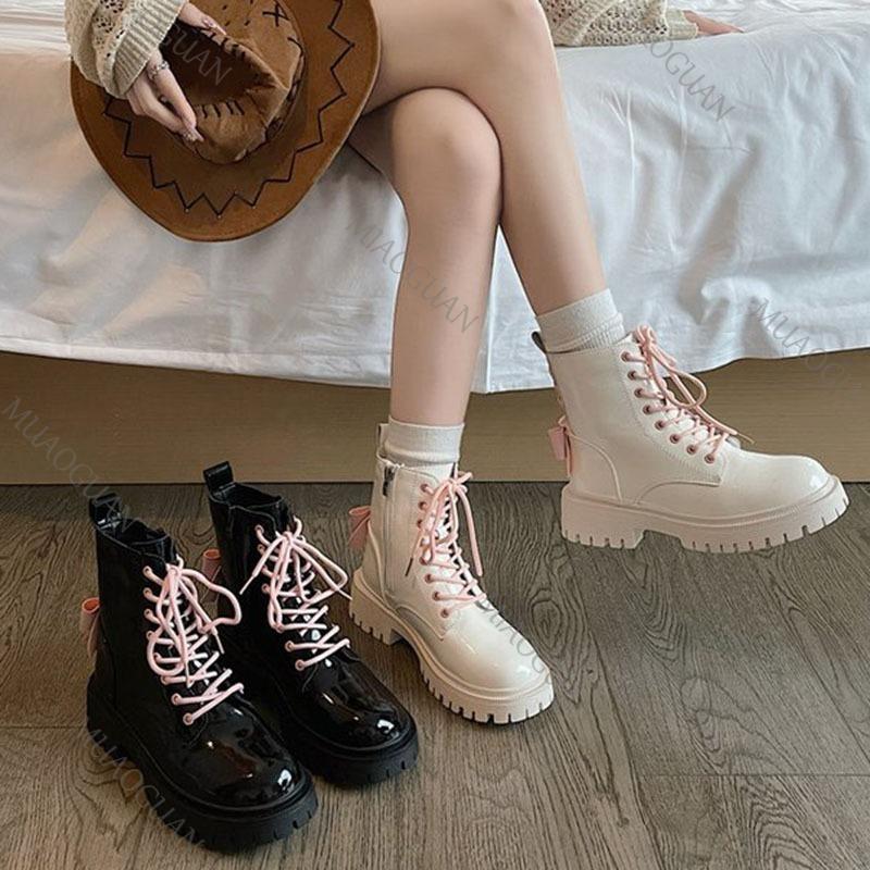 Fashion Punk Chunky Platform Motorcycle Boots Women Fashion Bowknot Lace-up Thick Bottom Ankle Boots Woman Autumn Winter Gothic Shoes