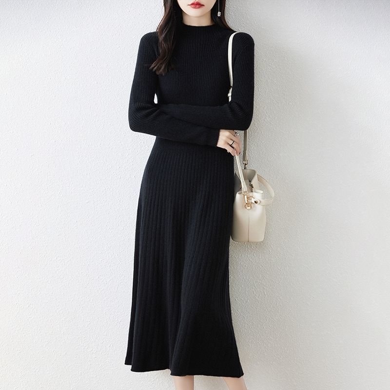 Women's Mid-length Knitted Dress Solid-color Casual Knee-length Sweater Dress Stylish Long Pullover for Autumn and Winter