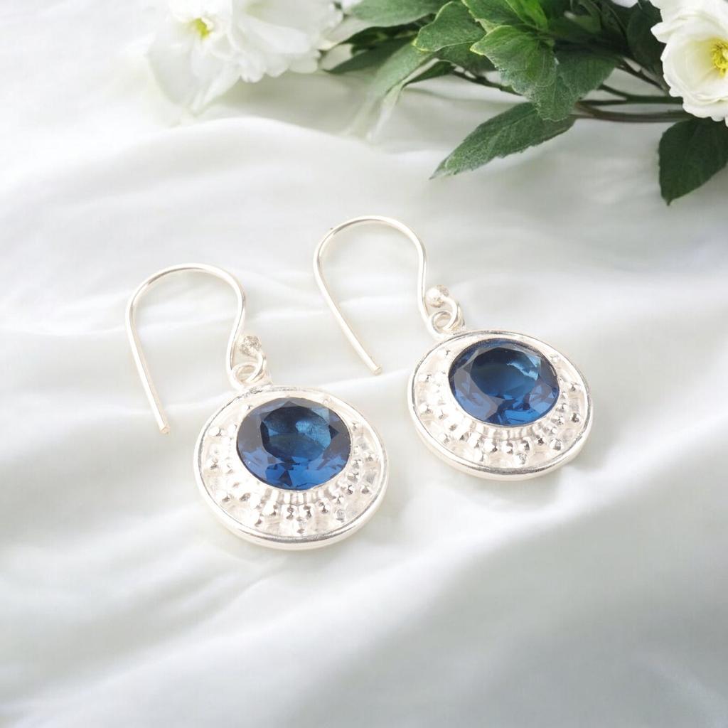 Round Shape London Blue Topaz Gemstone 925 Sterling Silver Drop Earrings 1.5" EE-153-8