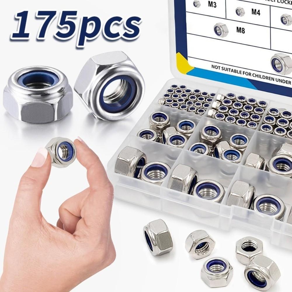 175PCS Stainless Steel Locknuts Nylon Insert Lock Metric Nuts Hardware Set Hex Nuts DIY Projects