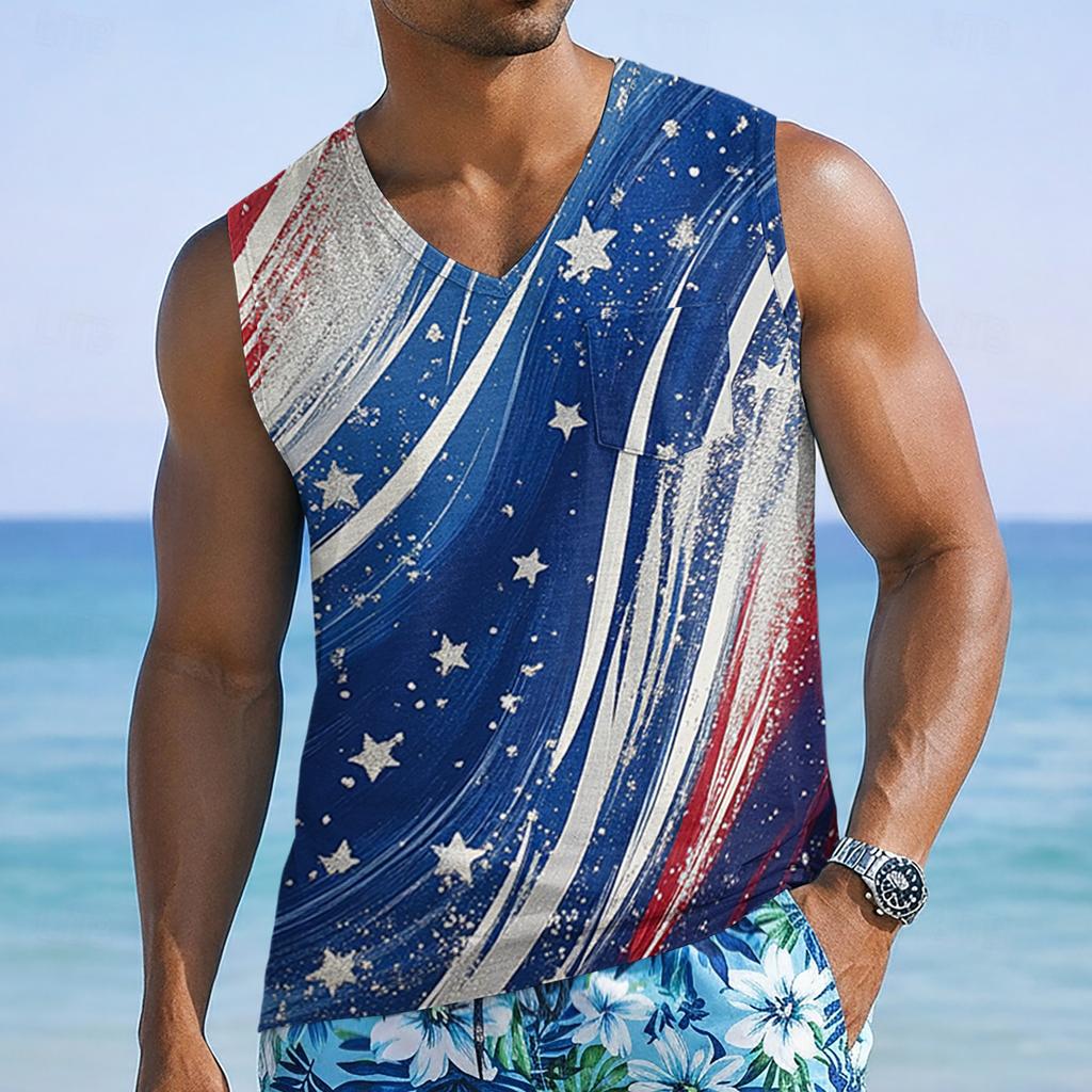 Men’s Sleeveless V Neck Tank Top with Tropical Tree and Flag Print Casual Lightweight Summer Shirt