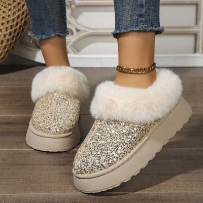 Bottes d'hiver en fausse fourrure pour femmes Nouveauté 2024 Mode Tissu pailleté Chaud Bottes de neige Femme Antidérapantes Épaisses Bottines de cheville en peluche Grande taille