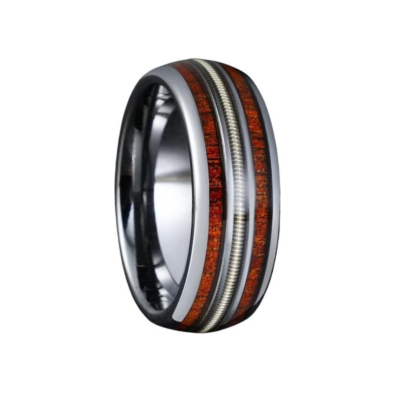 Men's Wide Band Ring With Whiskey Barrel Wood And Guitar String Inlay Unique Wooden Jewelry