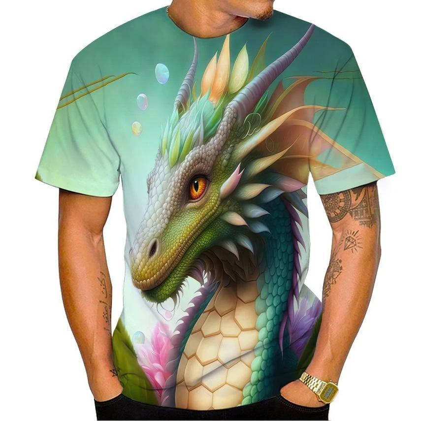 Summer Round Neck 3D Dragon Print Top Fashionable Casual Colorful Short Sleeved Men's T-shirts