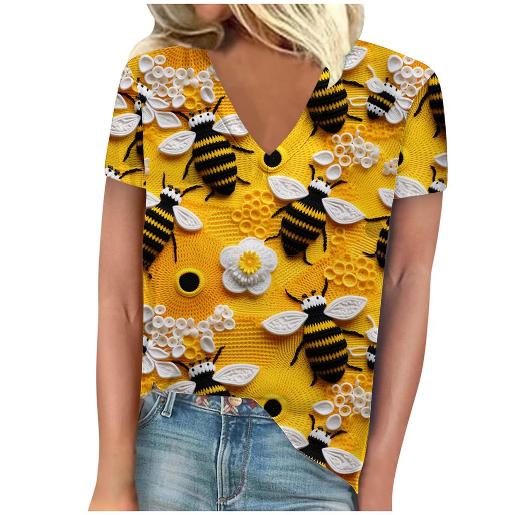 vintage women bee print t shirt short sleeve v neck tops comfortable t-shirts