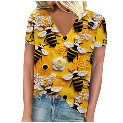 Vintage Women Bee Print T Shirt Short Sleeve V Neck Tops Comfortable T-shirts