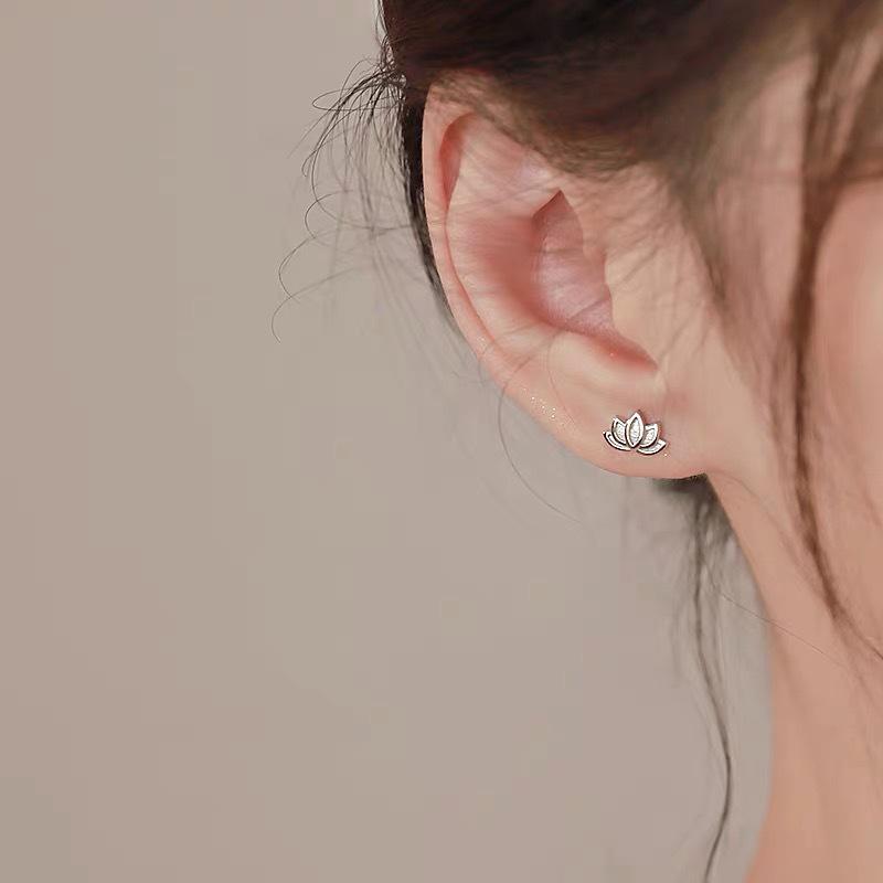 S999 Sterling Silver Chinese Lotus Stud Earrings for Women - Elegant, Simple Design with Ear Hole Care.