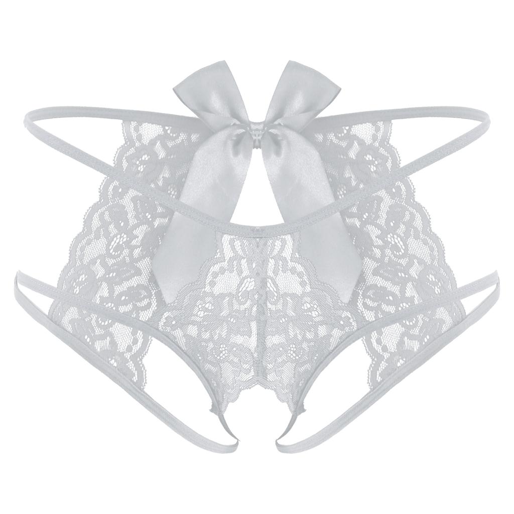 Pánské průsvitné krajkové G-string spodní prádlo se strappy T-back střihem bez rozkroku a mašličkou, dárek na líbánky