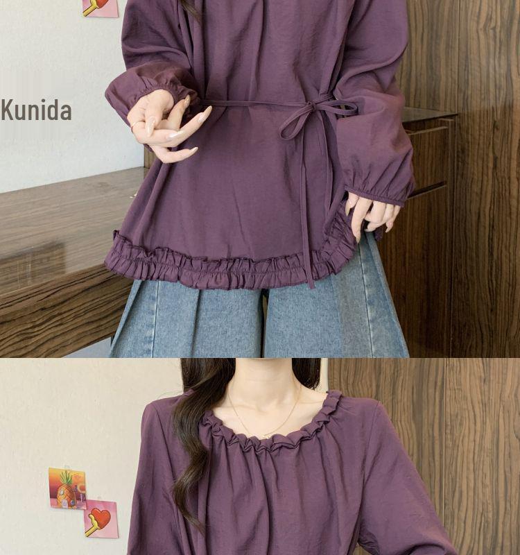 Plus Size Ruffled Waist Long Sleeve Shirt - Women's Spring/Autumn Korean Style, Slimming and Elegant Top
