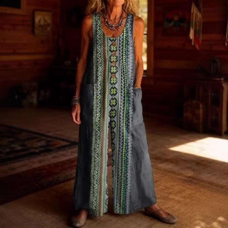 2026 Women's Vintage Summer Cotton and Linen Button Pocket Comfortable Sleeveless Casual One-piece Wide Leg Jumpsuit