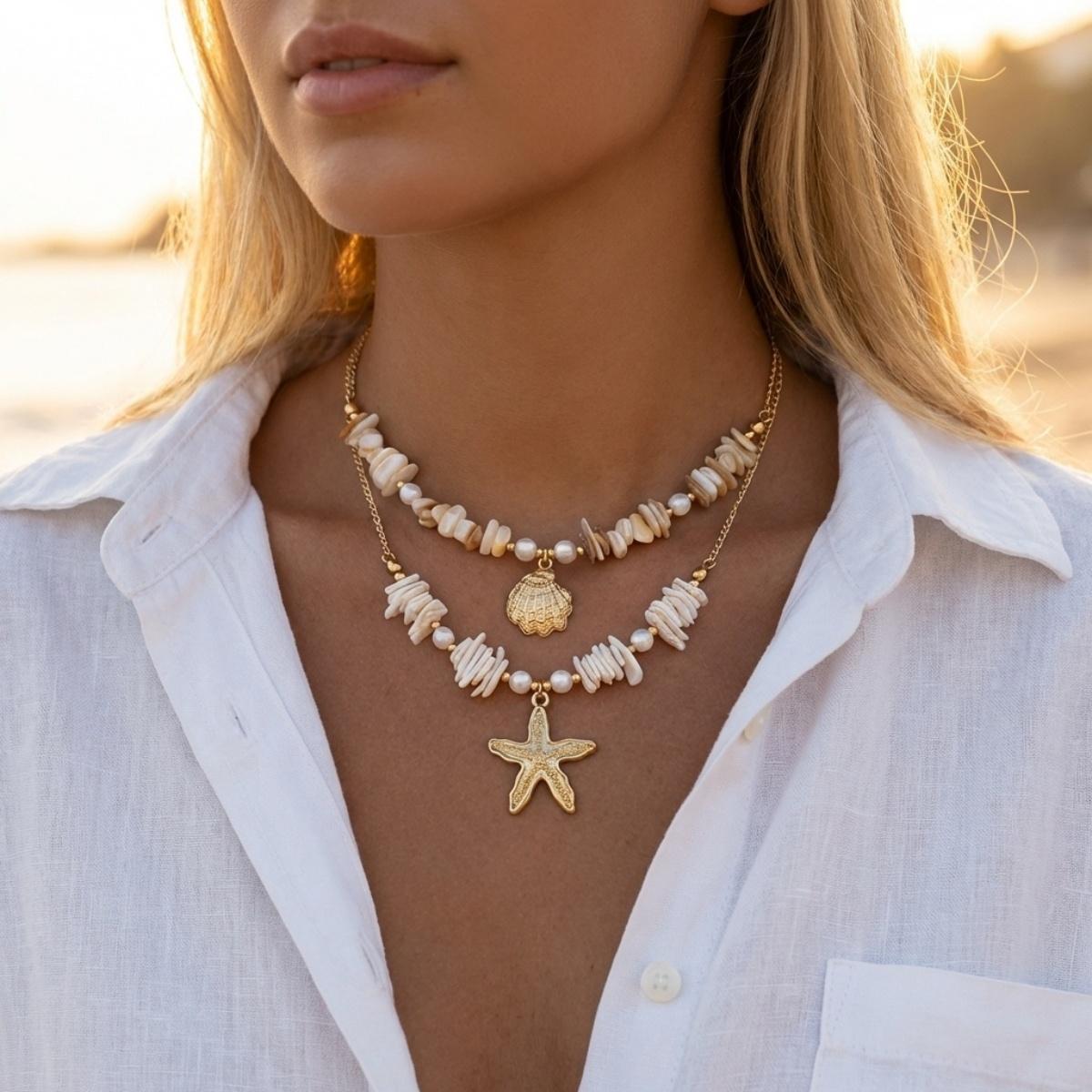 

Metal Starfish Shell Pendant Crushed Stone Double Layer Necklace For Women Men Boho Beach Star Choker Summer Vacation Zircon