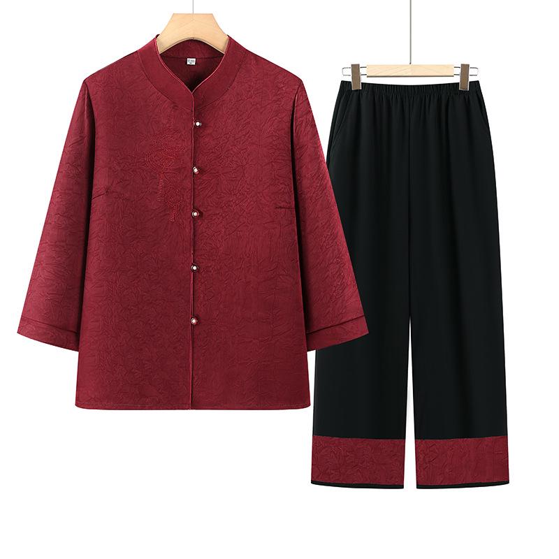 Mother's Summer Tang-Style Two-Piece Set: Seven-Sleeve Shirt & Top for Middle-Aged & Elderly Ladies