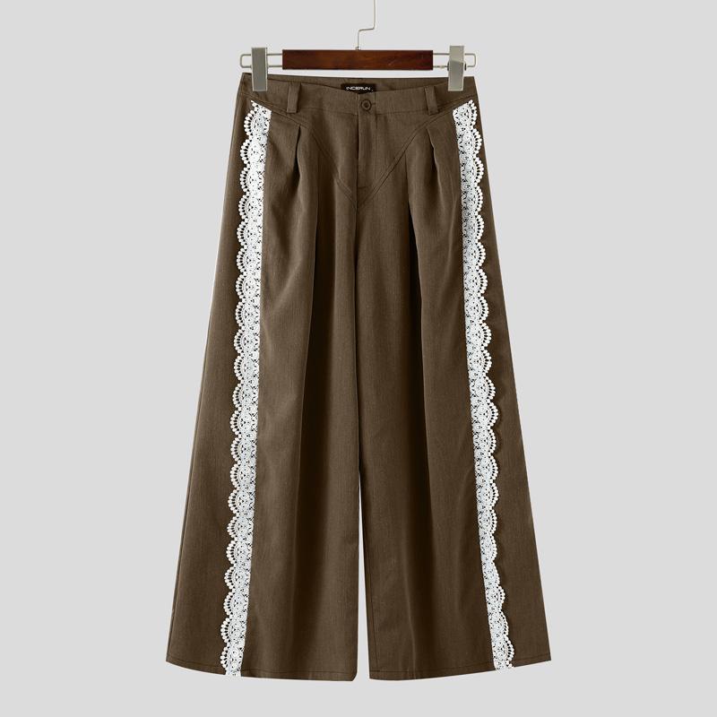 INCERUN Men Casual Zipper Waist Lace Hem Long Wide Legs Pants Trousers