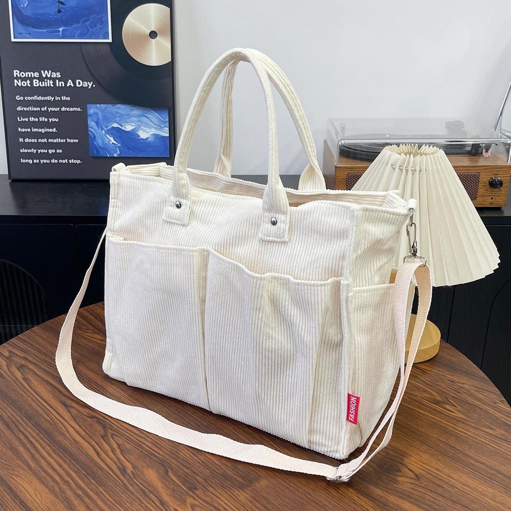 Corduroy Shoulder Tote Bag For Women Large Capacity With Zipper Closure For Daily Use