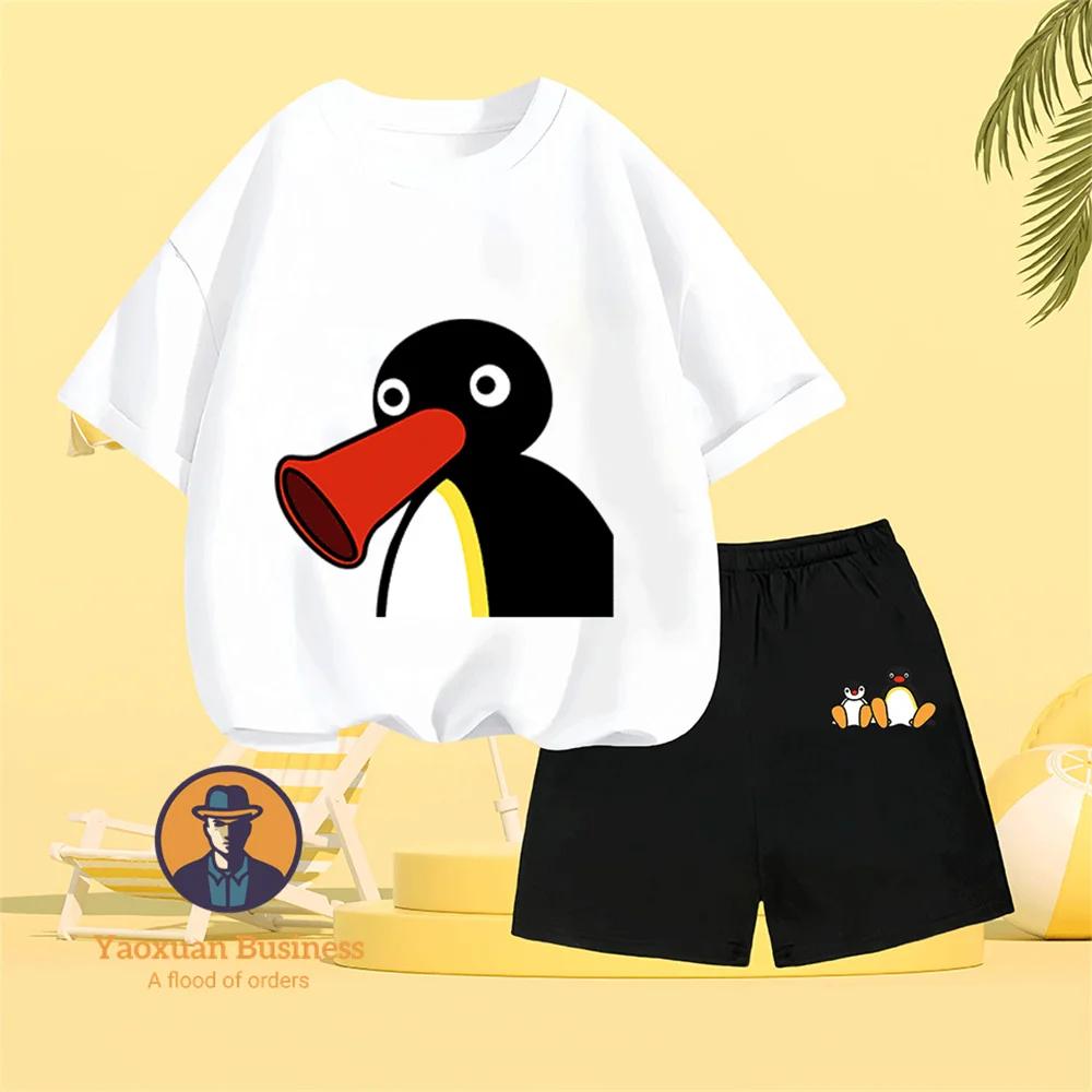 Kinder Tweestukken Set PINGU Cartoon Print Zomer Mode Hete Verkoop Jongens en Meisjes