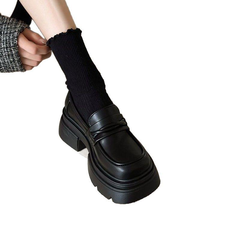 Damskor Svarta Franska Loafers med Tjock Klack i Läder - Våren 2025 Brittisk Stil, Slip-On