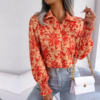 Mulheres primavera verão lanterna manga contraste flor camisa polo blusas todos os jogos topos