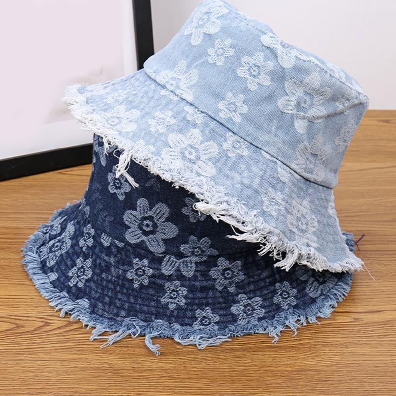 Stylish Distressed Trim Flower Print Fisherman Hat Breathable Bucket Hat for Spring Autumn Daily Outfit Fashion Headwear