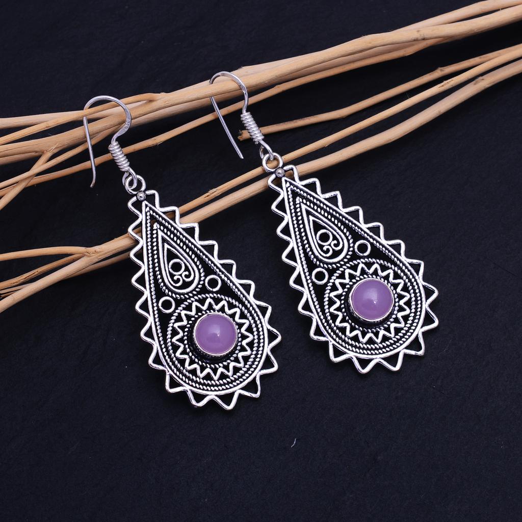 Rose Quartz Gemstone Handmade 925 Sterling Silver Earring 2.30" J3s13