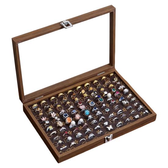 Ring-Aufbewahrungsbox, Langlebiges Holz mit unterteiltem Design, Weiches Samt-Innenfutter, Mehrgitter-Schmuckorganizer, für Ringe Armbänder Ohrringe