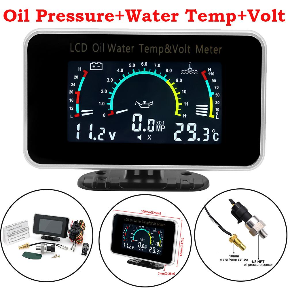 2 In 1 / 3 In 1 / 4 In 1 LCD Digital Oil Pressure Gauge Voltmeter Fuel Level Meter 1/8 NPT Oil Press Sensor + Water Temp Sensor