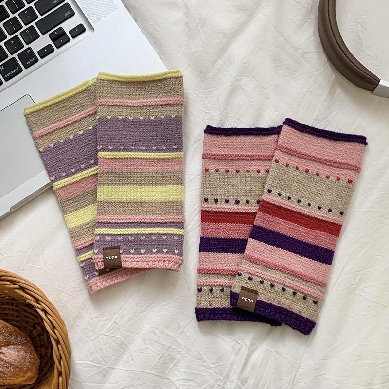 New Autumn/Winter Warm Gloves Colorful Striped Half-Finger Cycling Gloves Knitted Wool Mittens for Women Girls Outdoor Activity