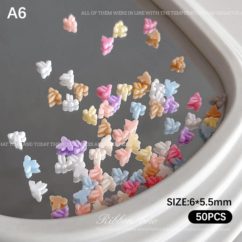 50Pcs Candy Color Bow Nail Art Parts Charms Mini Resin Ribbon Nail Rhinestones Diy Summer Nail Art Decor Accessories A6