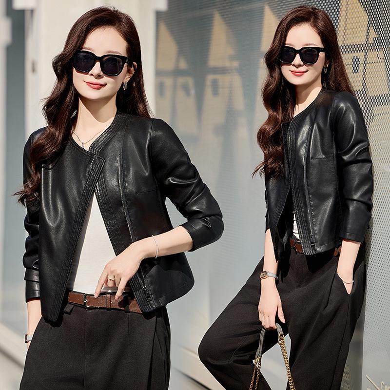 

Женская приталенная кожаная куртка - Круглый вырез, короткий стиль для весны/осени 2025 (WA2501) XXL (125-135 jin) чёрный