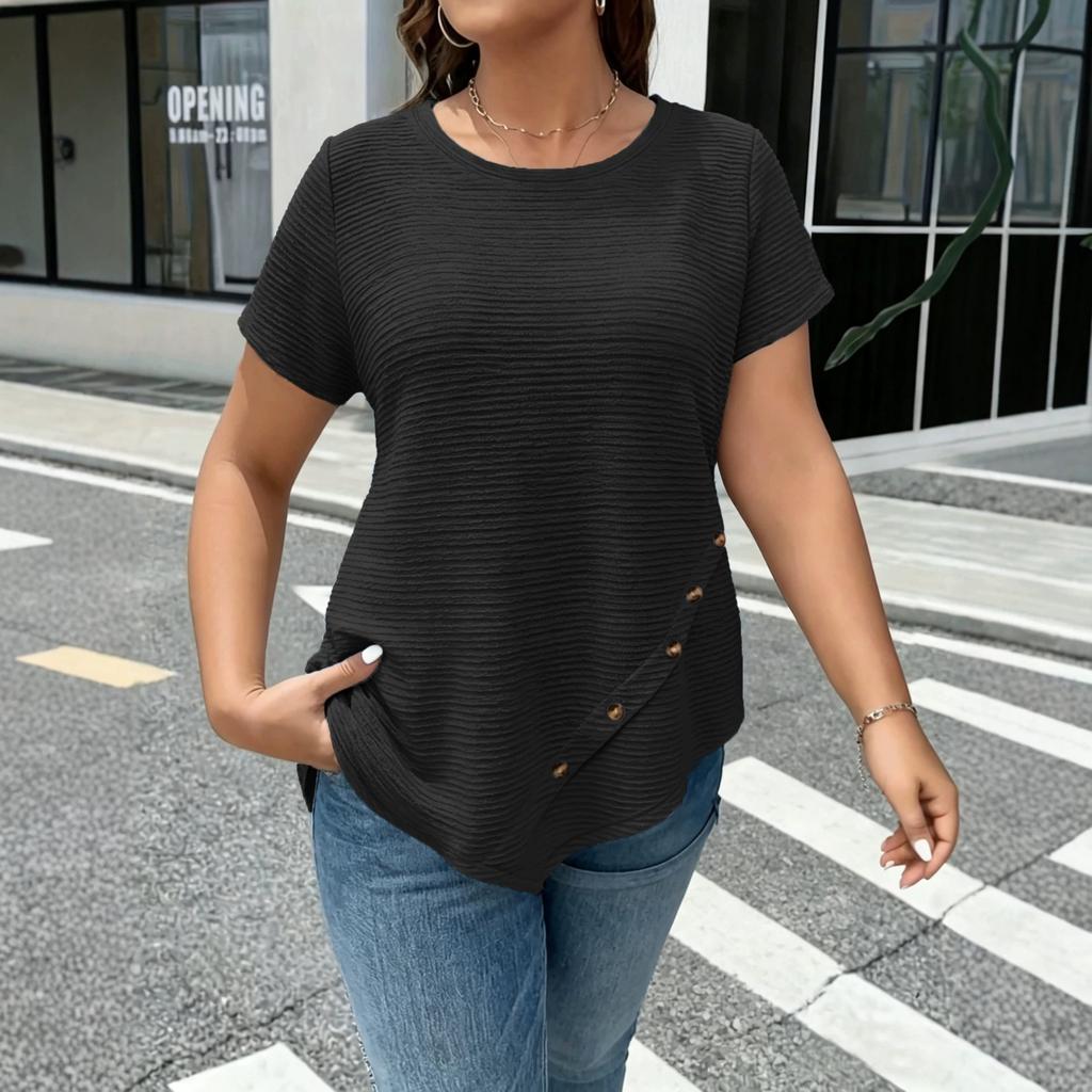 Women's Loose Fit Short Sleeve Casual T Shirt Asymmetric Hem Button Detail Lightweight Soft Fabric Comfortable Everyday Wear